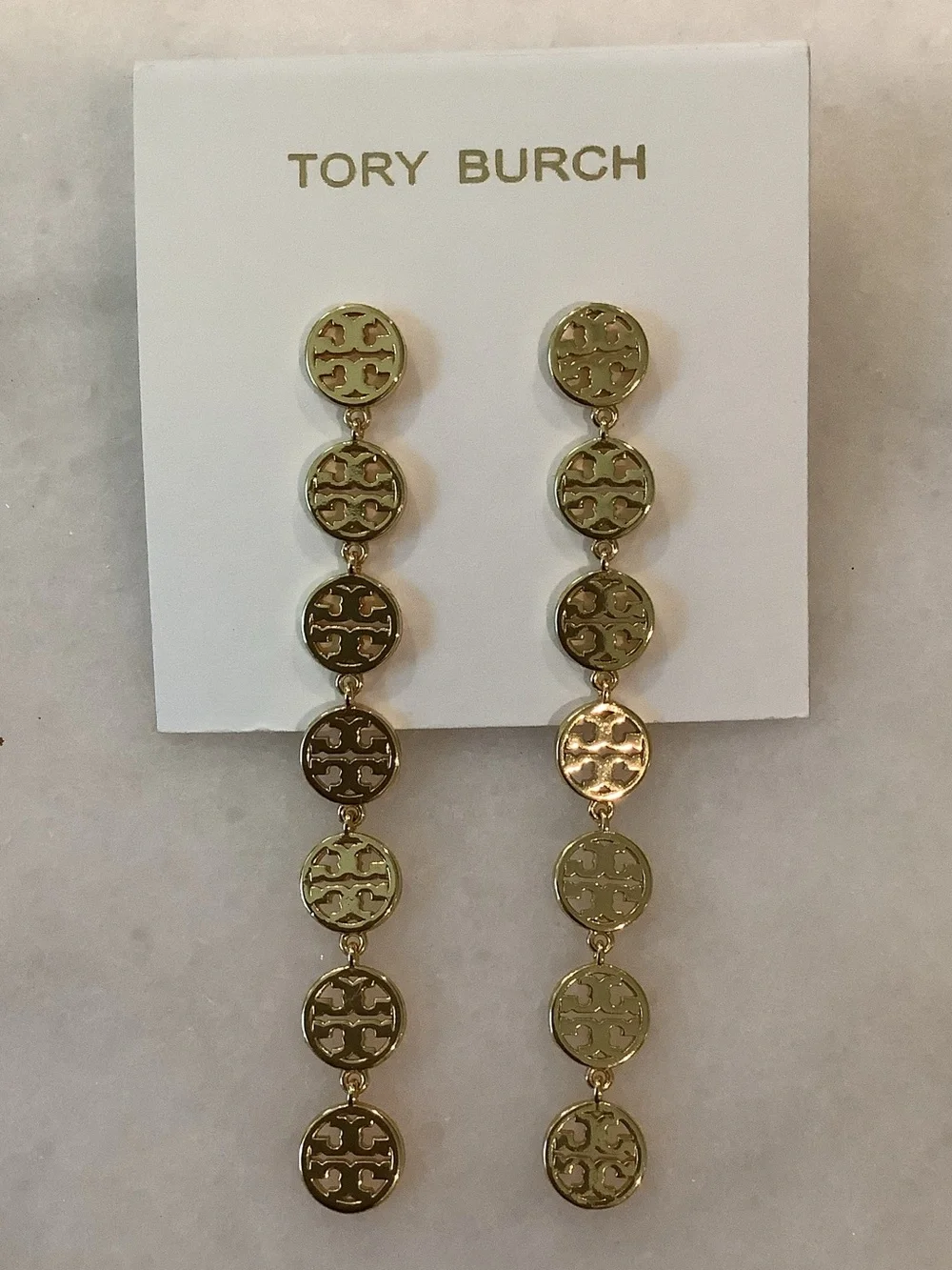 Tory Burch Gold Logo Cascade Drop Earrings, Brand New